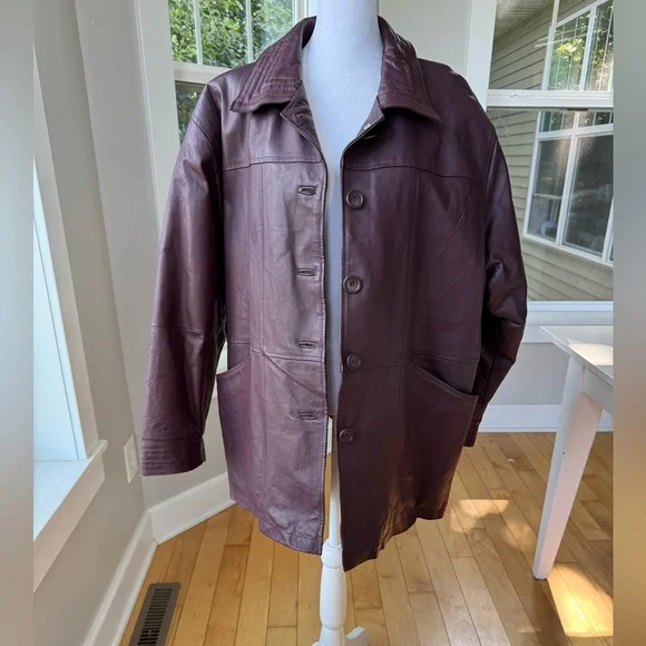 Vintage 70s 80s Salon Studio Burgundy Oxblood Leather Chore Coat Jacket Sz XL - Picture 5 of 12